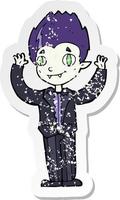 retro distressed sticker of a cartoon vampire boy vector