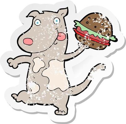 retro distressed sticker of a cartoon hungry dog with burger