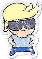 distressed sticker cartoon kawaii kid with shades vector