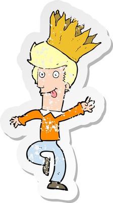 retro distressed sticker of a cartoon man wearing paper crown