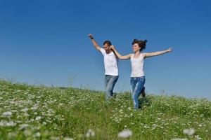 happy couple in wheat field photo