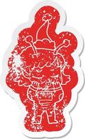 cartoon distressed sticker of a alien girl wearing santa hat vector