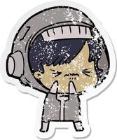 distressed sticker of a cartoon astronaut woman vector