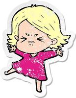 distressed sticker of a cartoon angry woman vector