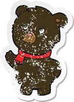 retro distressed sticker of a cartoon cute black bear vector