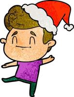 happy textured cartoon of a man wearing santa hat vector