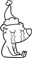 line drawing of a crying sitting polar bear wearing santa hat vector