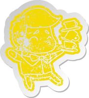 distressed old sticker of a kawaii cute waiter vector