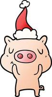 gradient cartoon of a content pig wearing santa hat vector