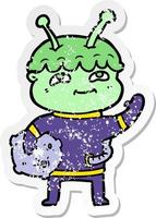 distressed sticker of a friendly cartoon spaceman waving vector