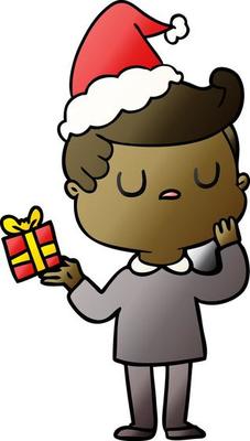 gradient cartoon of a man wondering wearing santa hat