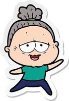 sticker of a cartoon happy old lady vector