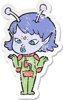 distressed sticker of a pretty cartoon alien girl vector