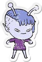 distressed sticker of a cute cartoon alien girl vector