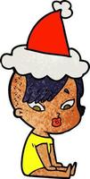 textured cartoon of a surprised girl wearing santa hat vector