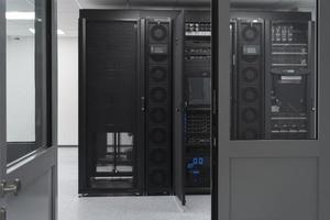 Data Center With Multiple Rows of Fully Operational Server Racks. Modern Telecommunications, Cloud Computing, Artificial Intelligence, Database, Supercomputer Technology Concept. photo