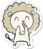 distressed sticker of a happy cartoon lion vector