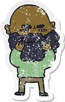 distressed sticker of a cartoon man with beard frowning checking his beard vector