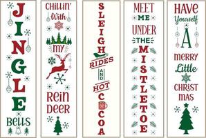 paquete de letrero de porche vertical de navidad para puerta y fondo. cascabeles, relajándome con mis renos, paseos en trineo, chocolate caliente, encuéntrame bajo el muérdago, ten un feliz diseño de vectores de Navidad.