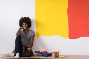 back female painter sitting on floor photo