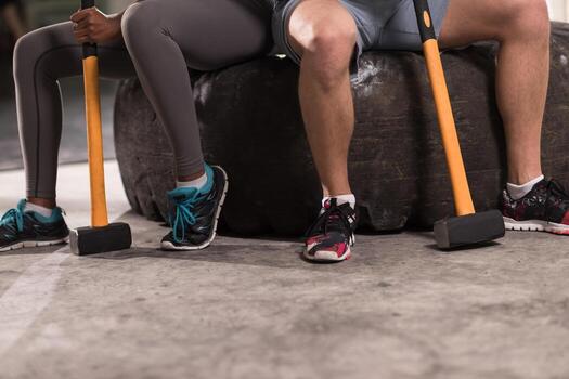 pareja multiétnica después del entrenamiento con martillo foto