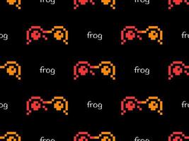 Frog cartoon character seamless pattern on black background. Pixel style vector