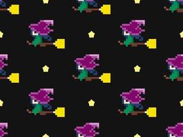 Witch cartoon character seamless pattern on black background. Pixel style vector
