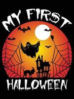 mi primer halloween: la mejor plantilla de diseño de camisetas de halloween. calabaza, noche, luna, bruja, máscara. camiseta de fondo nocturno para imprimir. vector