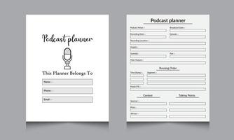 Podcast planner journal. Regular podcast information tracker and show management notebook template Vector design