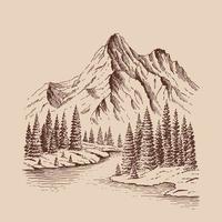 Mountain with pine trees and lake landscape. Hand drawn illustration converted to vector. vector