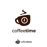 Coffee cafe time logo with hot cup mug and clock icon symbol vector