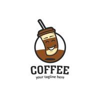 Happy coffee shop logo with coffee carton cup mascot character cartoon funny style vector