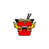 ilustración de icono de logotipo de caja de fideos ramen de comida picante de llama caliente loca vector