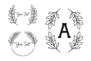 Nature leaf foliage wreath laurel vector frame border monogram in black white outline style