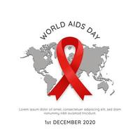 World hiv aids day 1 december event poster with world map and red ribbon vector simple illustration
