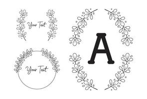 Leaf flower foliage wreath laurel vector frame border monogram in black white outline style