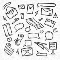 doodle hand drawing of envelope, mail, package, paper plane and letter illustration object icons vector