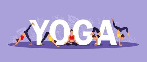 día internacional del yoga. Posturas corporales de yoga. grupo de mujeres practicando yoga. vector
