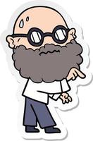 sticker of a cartoon worried man with beard and spectacles pointing finger vector