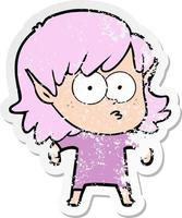 distressed sticker of a cartoon elf girl staring vector