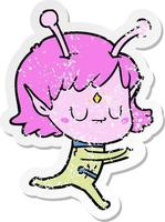 distressed sticker of a cartoon alien girl vector