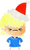 annoyed retro cartoon of a girl wearing santa hat vector