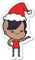 cute sticker cartoon of a girl with hipster haircut wearing santa hat vector