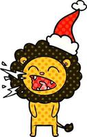 comic book style illustration of a roaring lion wearing santa hat vector