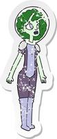 retro distressed sticker of a cartoon alien space girl vector