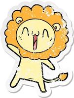 distressed sticker of a happy cartoon lion vector