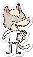 distressed sticker of a cartoon saleman wolf laughing vector