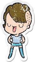 distressed sticker of a cute cartoon girl with hipster haircut vector