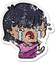 distressed sticker of a cartoon girl crying vector