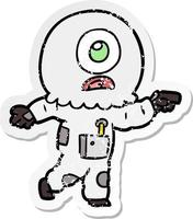 distressed sticker of a cartoon cyclops alien spaceman pointing vector